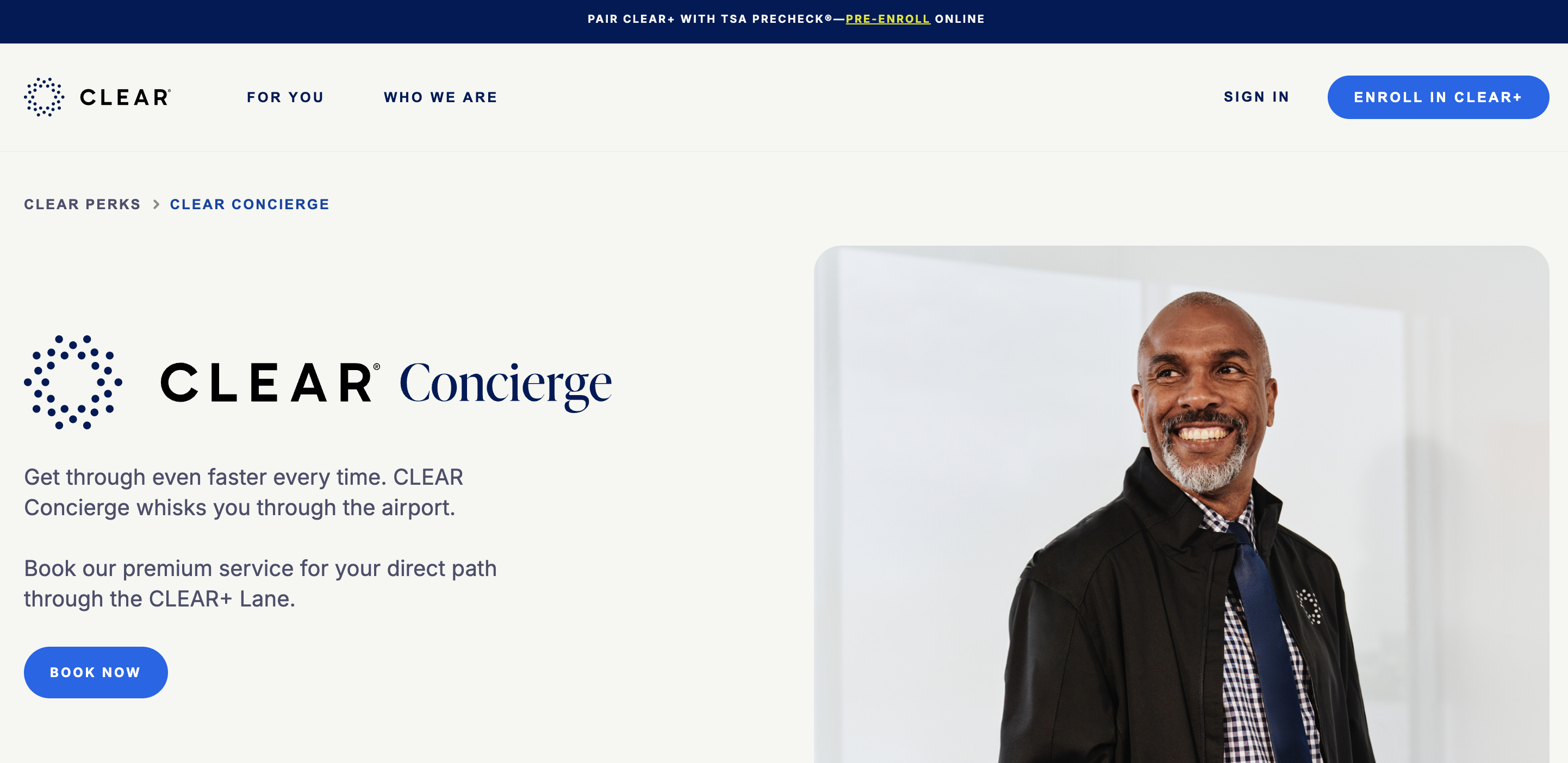 Clear Concierge homepage. CLEAR